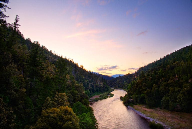 Mountain River in Northern California at sunset.