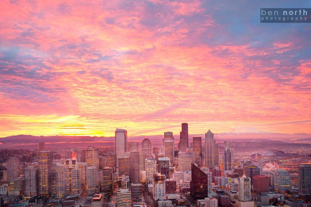 Seattle, Washington cityscape at sunrise.